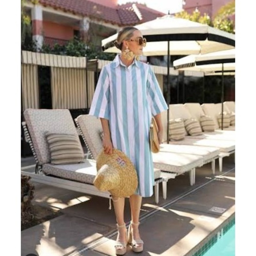 Striped Midi Shirt Dress in Light Blue and White